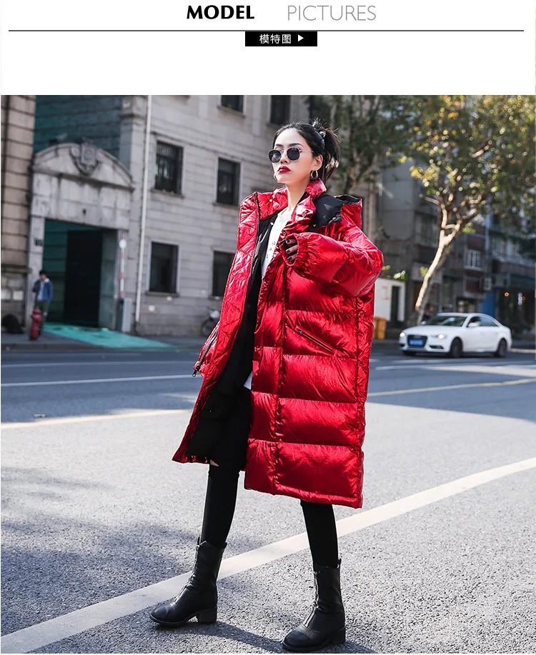 Женская зимняя куртка, блестящая парка для девочек, свободные куртки, пальто с капюшоном, ветрозащитная Глянцевая уличная одежда, женское плотное Свободное пальто красного цвета