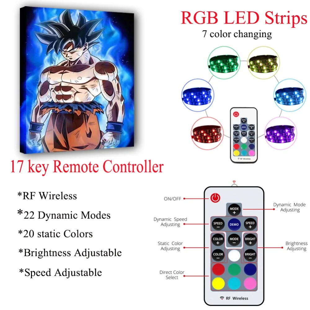 RGB Led холст настенные декоративные с дистанционным управлением Dragon Ball и super Goku картина холст печать освещает живопись плакат Декор