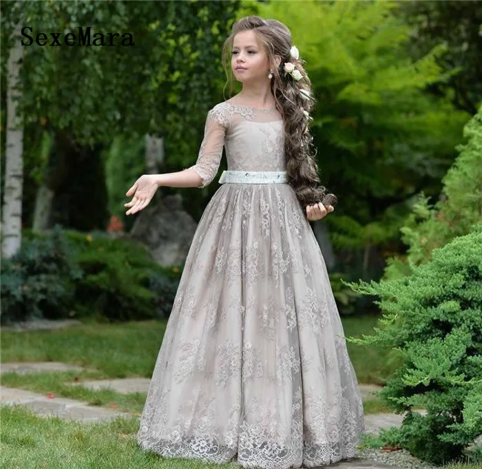 Gray Flower Girl Dresses for Wedding Lace Princess Floor Length A Line Long Sleeves Pageant Party Gown For Kids Birthday Gown