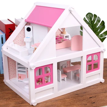 

40*29*38cm Girls Wooden White Doll House Pretend Toy Princess Wooden Doll Villa with Miniature Furniture Birthday Gift