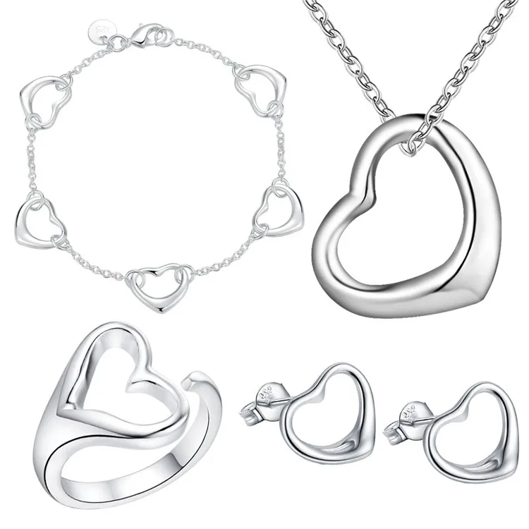 

Silver 925 Jewelry Sets for Women Heart Pendant Necklace Earrings Ring Bracelet 4 Pcs Fashion Jewelry Set Party Accessories