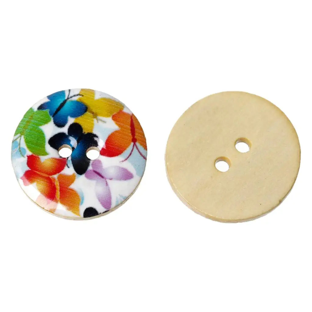 

Wood Sewing Button Scrapbooking Round Multicolor 2 Holes Butterfly Pattern Enamel 25mm(1")Dia,2 PCs new
