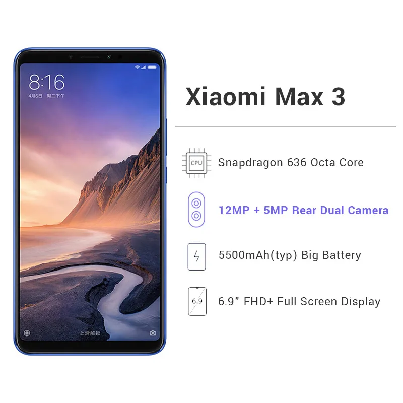 Original Xiaomi Mi Max 3 6GB RAM 128GB ROM Mobile Phone 6.9" Full Screen Snapdragon 636 Octa Core 5500mAh 12MP+5MP Dual Camera