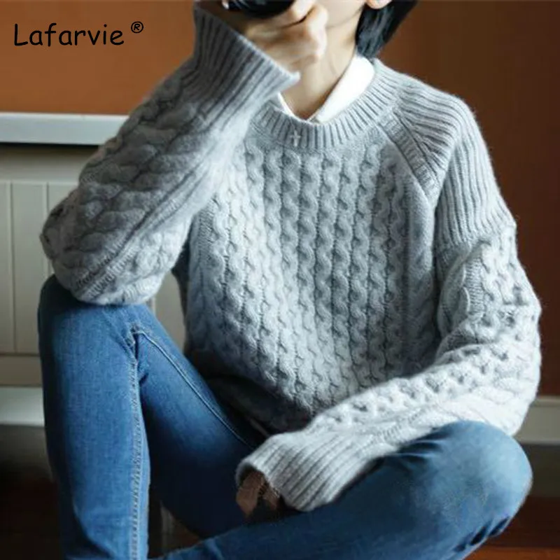 Lafarvie вязаный свитер из смеси на основе кашемира женские Топы осень зима толстый теплый пуловер с круглым вырезом и длинным рукавом Женский вязаный джемпер