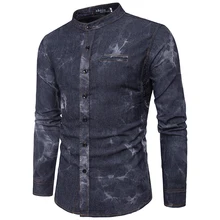 Новинка года; сезон весна-осень; Модная рубашка с воротником-стойкой и искусственным карманом в ковбойском стиле в стиле хип-хоп; приталенная Мужская рубашка camisa masculina