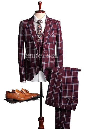 

2017 new men casual suit Custom Made Men Burgundy check pattern Classic Men Slim Fit plaid Wedding Suit 3PCS