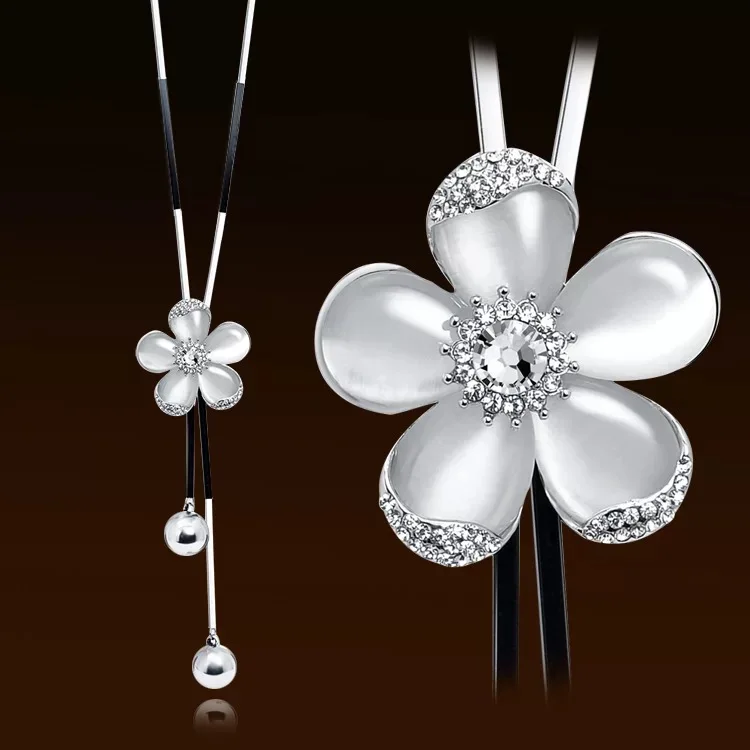 

BYSPT Zircon Opal Flower Long Necklace Sweater Chain Fashion Metal Chain Crystal Flower Pendant Necklaces Adjusted