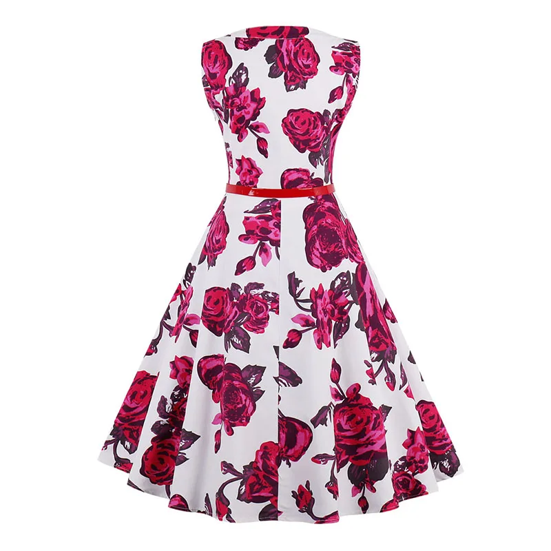 Kostlich 2018 Belt Tunic Women Summer Dress Sleeveless O-Neck Hepburn 50s 60s Vintage Dress Print Elegant Party Dresses Sundress (7)