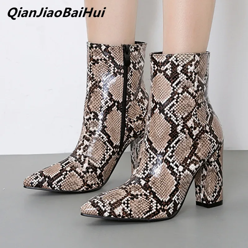 

QianJiaoBaiHui Europe America Python Skin Women Ankle Boots Pointed Square Heels Zipper Female Booties Ladies Office Boots Shoes