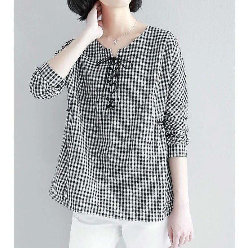 

Women Causal Plate Button Blouse Plus Size Top Female Vintage Check Party Shirt Lady Plaid Work Blusa Feminina DD2455