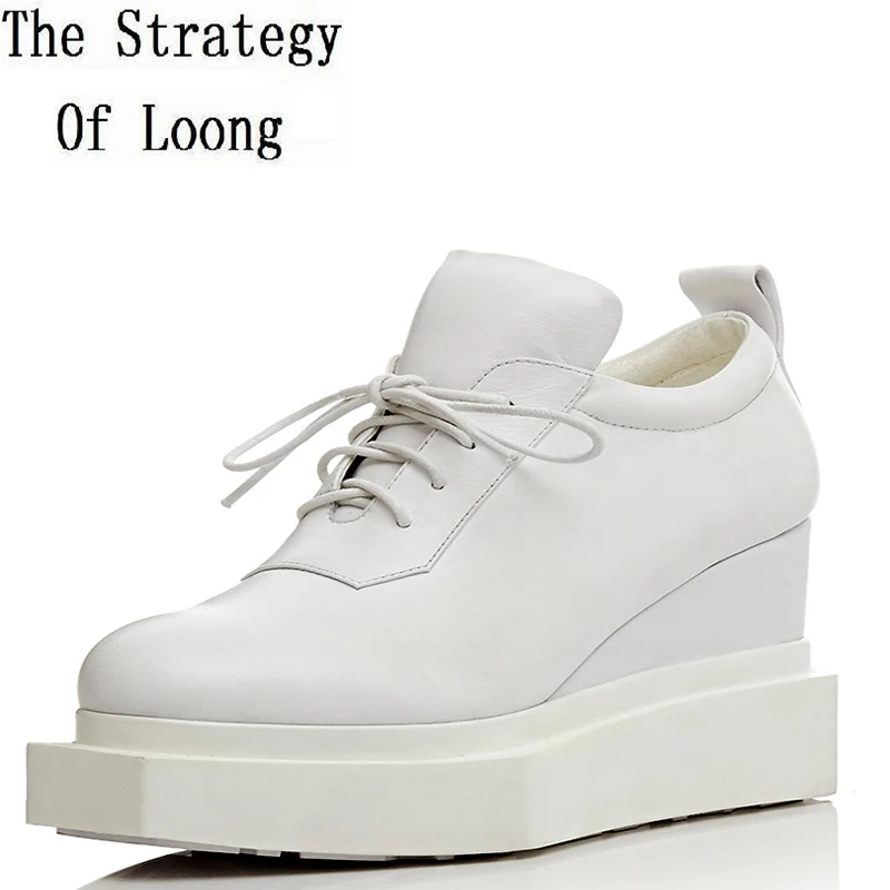 

Pure Color Concise Spring Autumn High Top Genuine Leather Single Shoes Fashion Square Toe Lace Up Height Increase Heels ZY170828