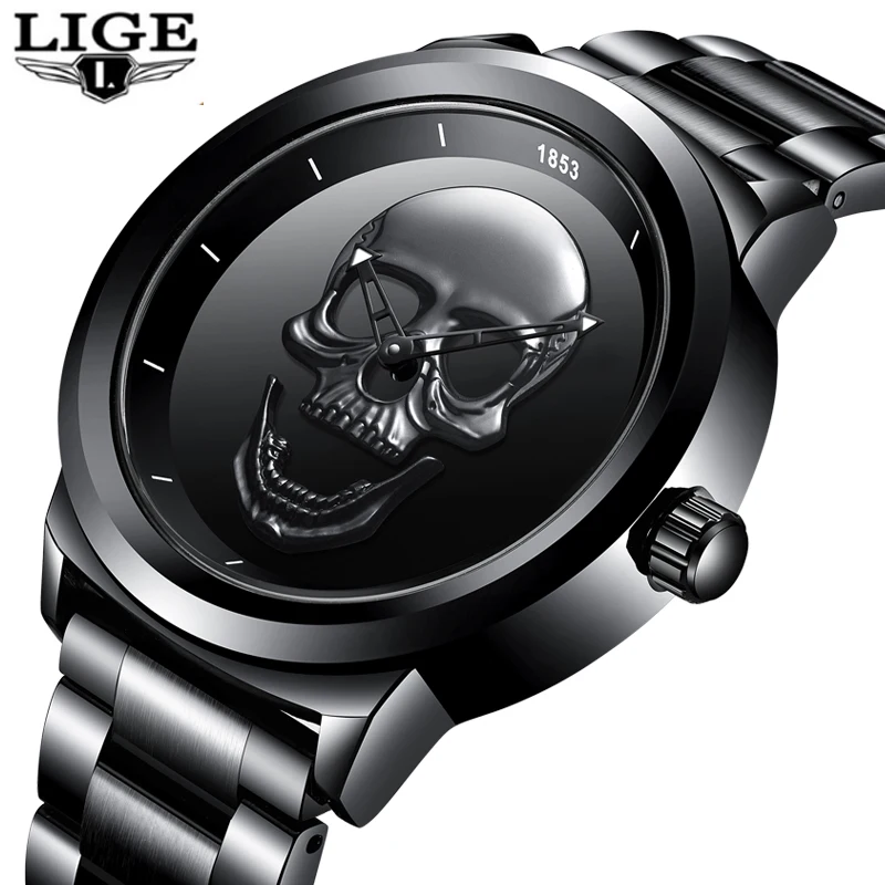 

Mens Watches LIGE Top Brand Luxury Men's Military Waterproof Sports Watch Men's Stainless Skull Quartz Watch Relogio Masculino