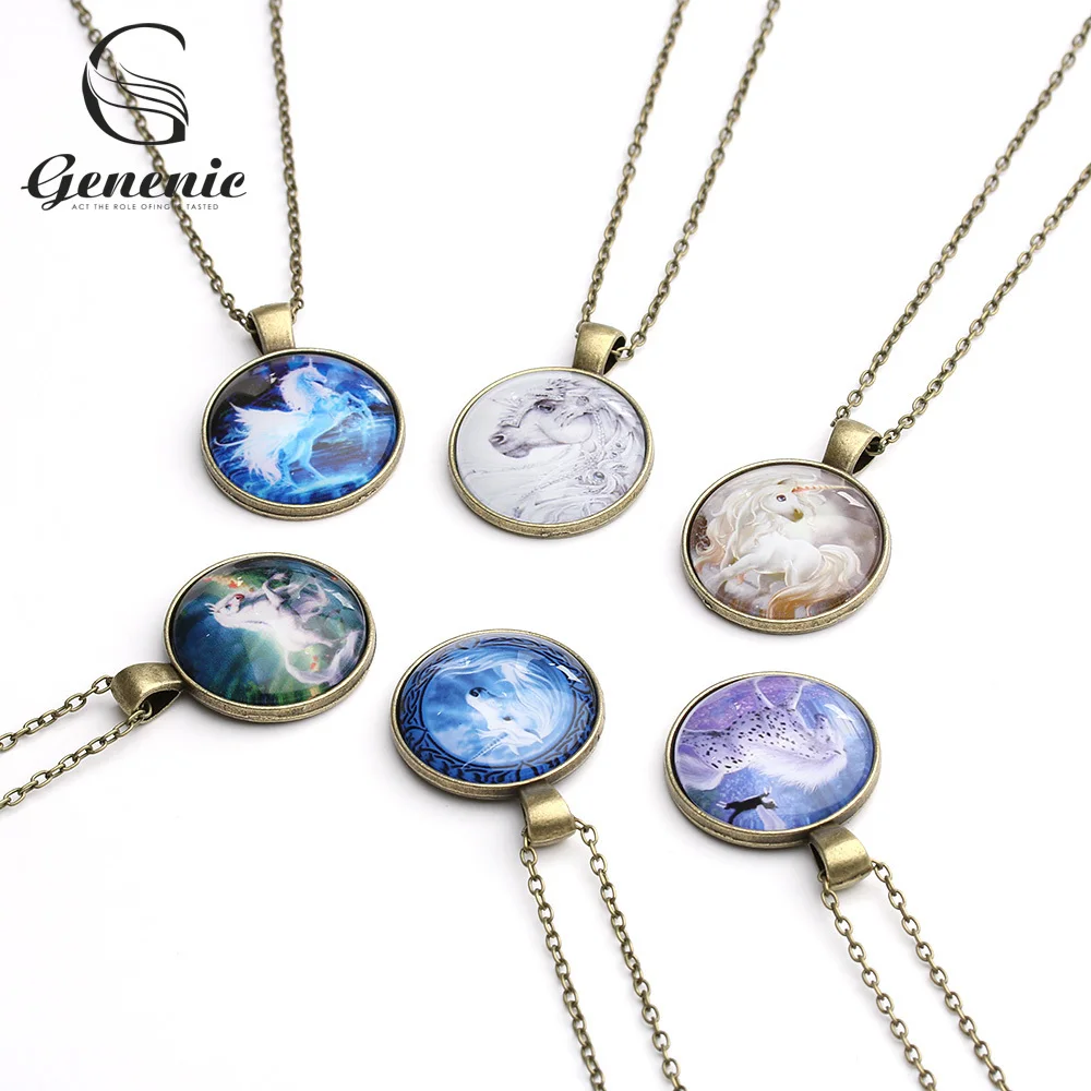

1 Piece Women Fashion Vintage Steampunk Pegasus Pendant Unicorn Photo Glass Bronze Pendant Necklace Jewelry