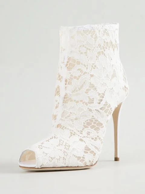 

Ravrry White See Through Lace Flower Thin High Boots Open Toe Zipper Mid-Calf Fashion Short Pumps Boot