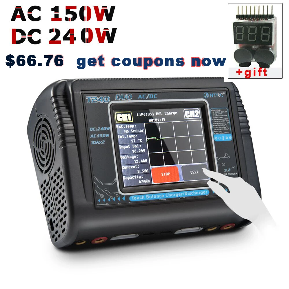 RC Lipo Charger HTRC T240 DUO AC 150W/DC 240W Touch Screen Dual Balance