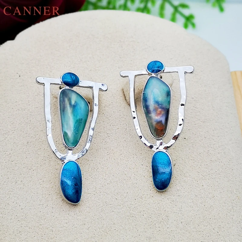 Vintage Blue Resin Stone Water Drop Earrings for Women Silver Geometric Dangle Earrings 2019 Fashion Jewelry pendientes mujer C4