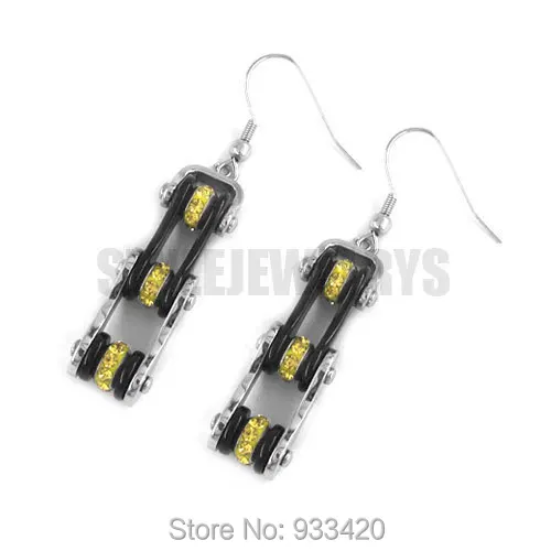 

Free Shipping! Black Bicycle Chain Earrings Stainless Steel Jewelry Bling Yellow Rhinestone Motor Biker Earring SJE370118L B