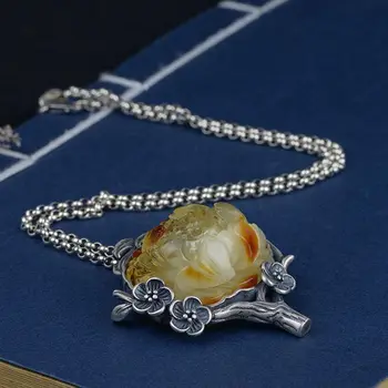 

BOCAI S925 sterling silverpendant vintage Thai silver craft silver inlaid beeswax peony silver ornaments women's pendant