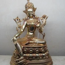 Xd 002551 Тибет Pure Bronze 24 К Золота изысканный Зеленая Тара Будда Падмапани Кван-Инь