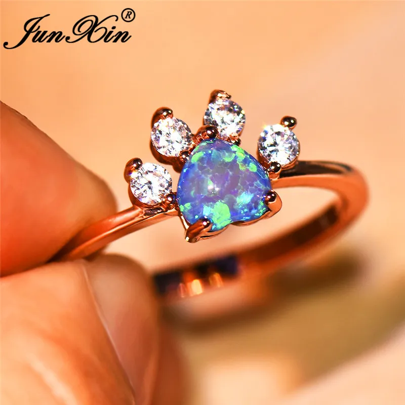 Dainty Rainbow Animal Bear Dog Cat Paw Rings For Women Rose Gold Blue White Purple Fire Opal Ring Wedding Band Thin Ring Jewelry