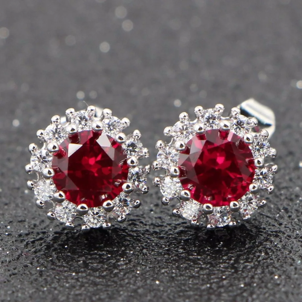 HeeZen Round Stud Earrings For Women Luxury Top Clear Red CZ Stone