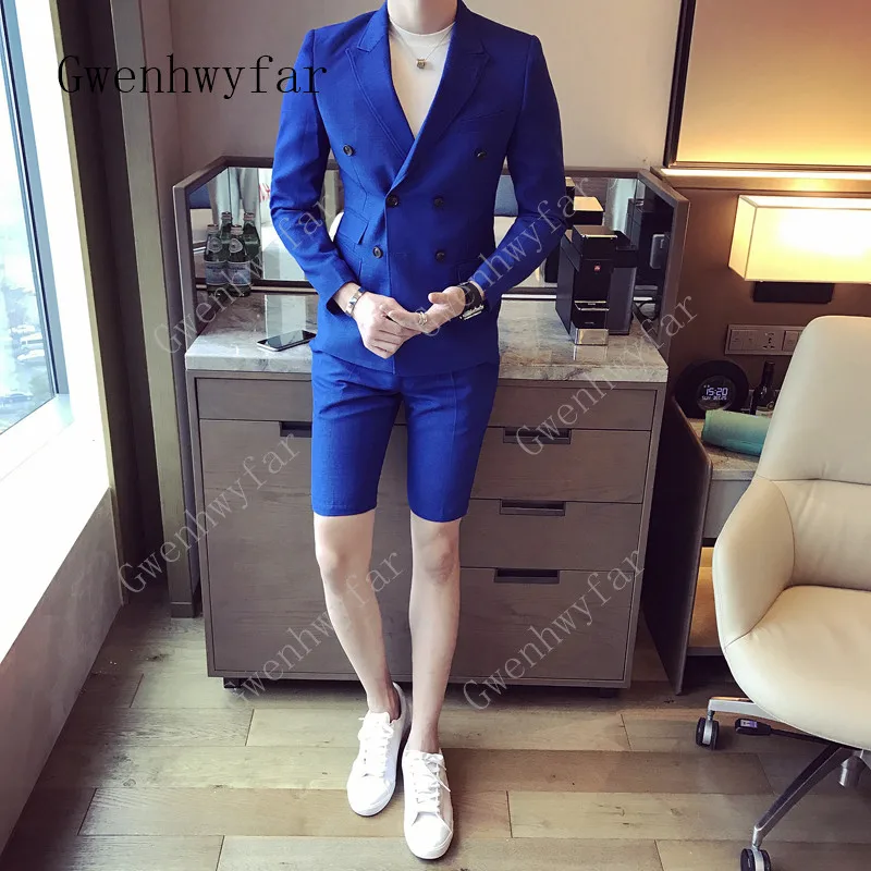 Summer-khaki-Men-Suit-With-Short-Pants-2018-Double-Breasted-Slim-Fit-blue-Male-Blazer-Party