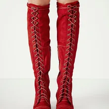 Осенне-зимние модные женские замшевые сапоги до колена на шнуровке и толстом каблуке удобные высокие сапоги на массивном каблуке средней высоты