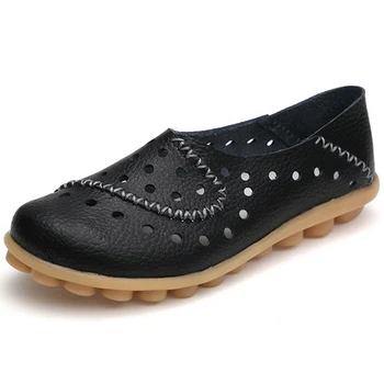 

Women Moccasins Ladies Cut Out Comfort Shoes Flat Plus Size Loafers Genuine Leather Autumn Slip On Ladies Casual Handmade Sewing