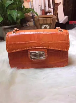 

2018 luxury quality 100% real genuine crocodile skin women double chain shouder bag orange color crocodile belly skin women bag