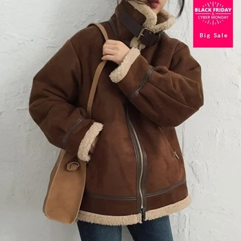 

2018 Winter women's jacket long sleeve thicken warm lambswool coat female Moto fashion jacket loose faux lamb fur outwear L1666