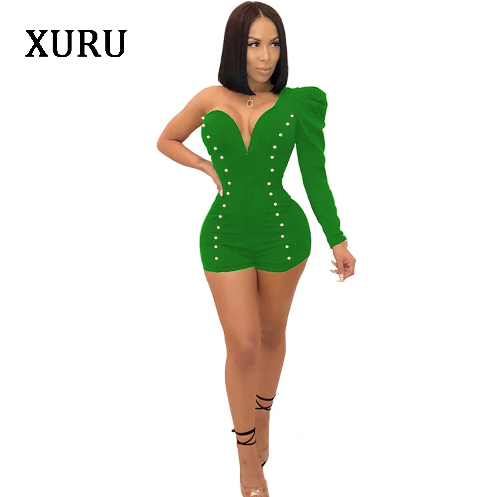 XURU One Shoulder Women Jumpsuit Rompers Long Sleeve One Sleeve Beading V-Neck Solid Rompers Blue Green Black Womens Overalls