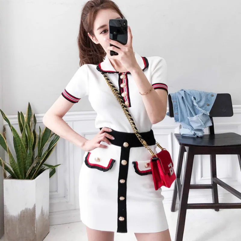 

2019 Summer Two Piece Knitted Cloth Sets Short Sleeve Top Single Breasted Mini Bodycon Skirt Suit Daily Dress