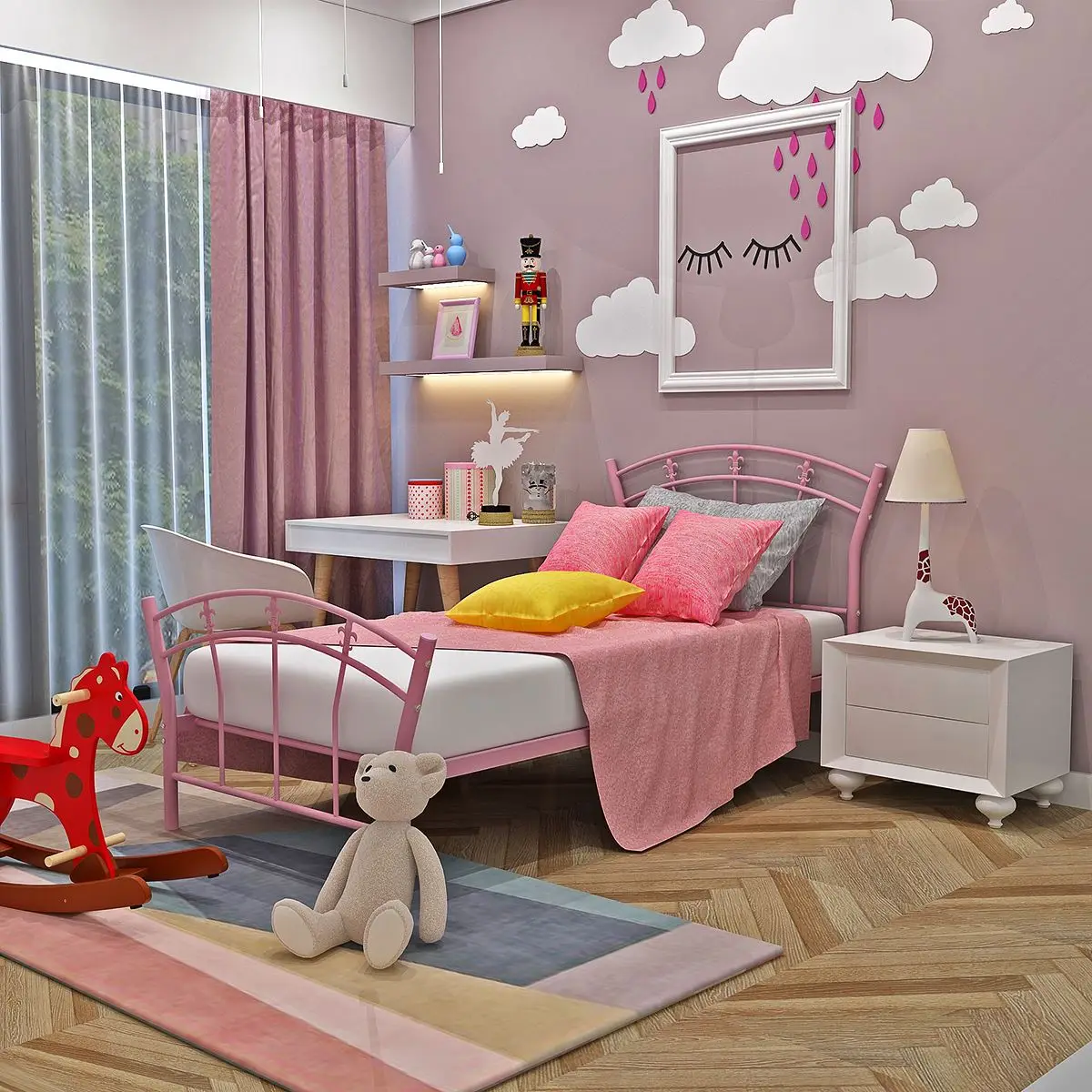 Panana Stylish Lovely Pink Metal Bed Princess Bed Frame 3FT SINGLE for Girl Children