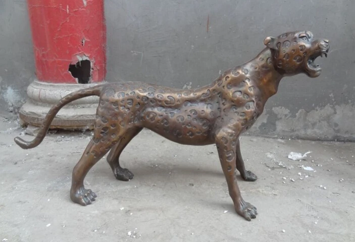 

S2598 26" Chinese Bronze Sculpture Ferocious FengShui Animals Leopard Panther Statue D0318
