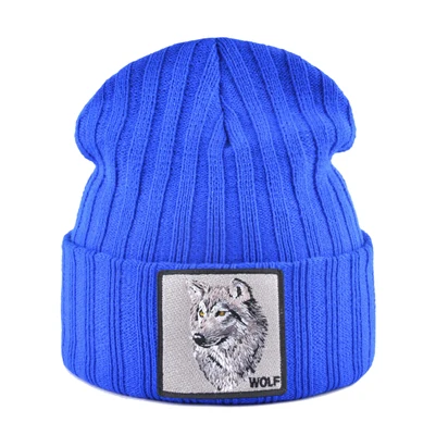 Blue2 Мужская шапка с волком патч осенние вязаные шапки Skullies женские зимние мягкие вязаные береты бини модные хип хоп Gorras шапки - Color: Blue2