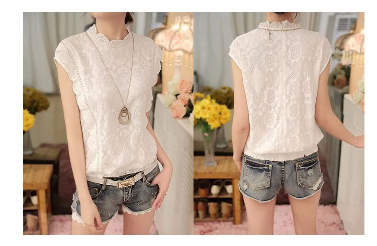 2016 White Lace Top Sleeveless Shirt Women Vintage Blusa Feminino Ladies Crochet Casual Loose Plus Size Women Tops Blouses A351 C