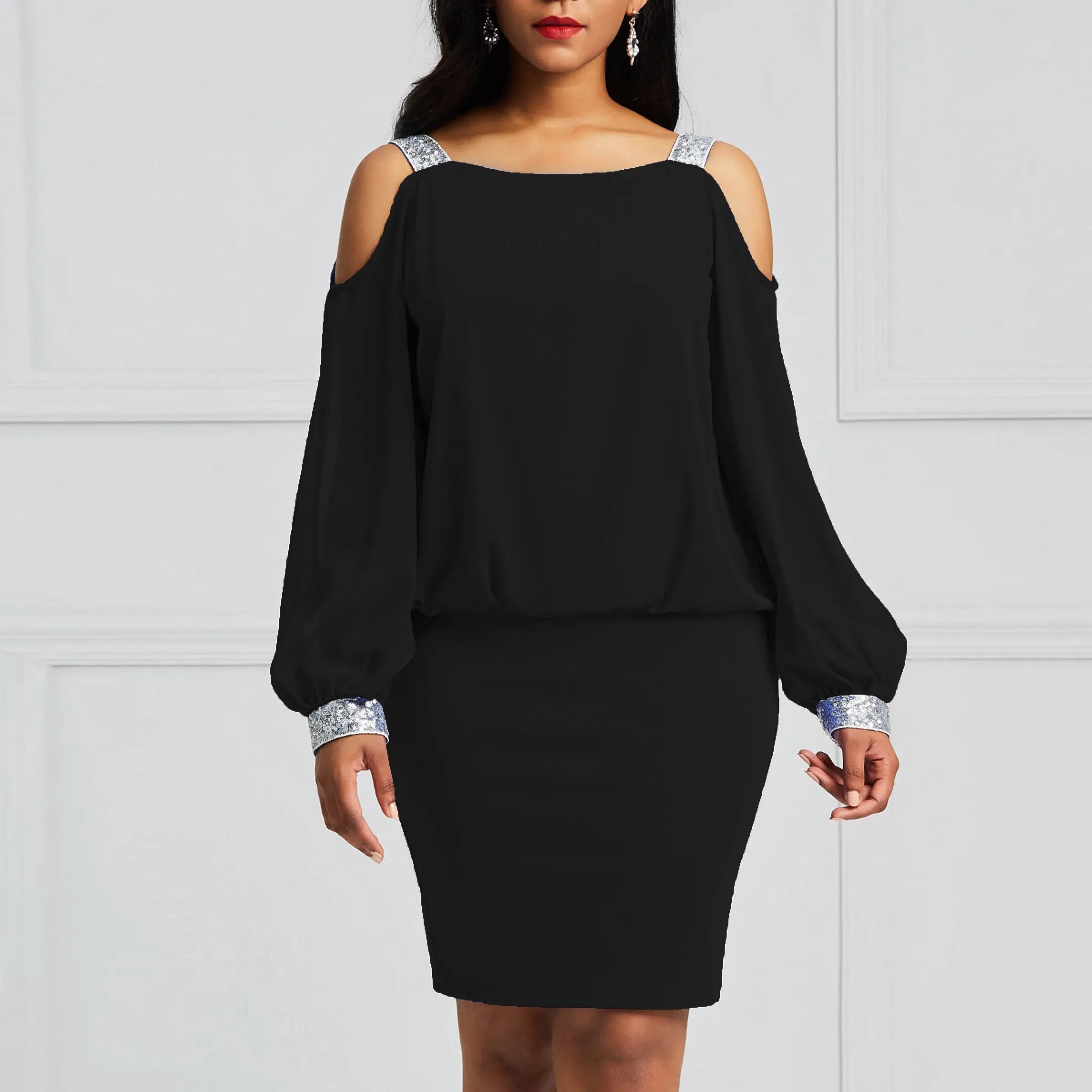 Женское облегающее платье с открытыми плечами, осень, пуловер, высокая уличная элегантная Офисная Женская рабочая одежда, простые сексуальные черные короткие платья - Цвет: Черный