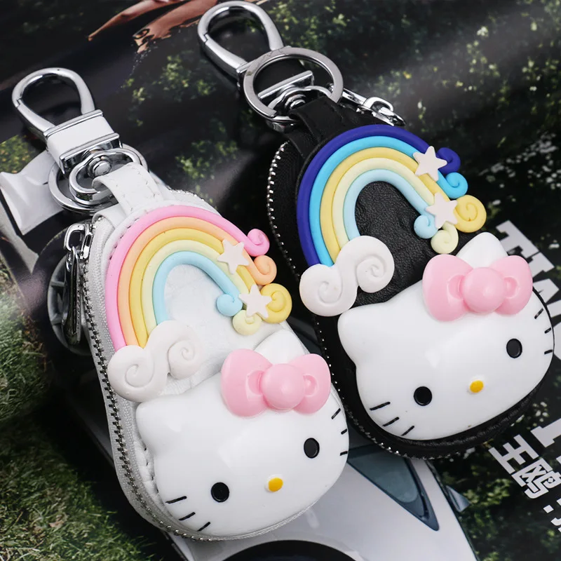 

Hello Kitty Car Keychain Automobile Remote Control Cartoon KT Woman Genuine Leather Zipper Key Holder Cover Car Set