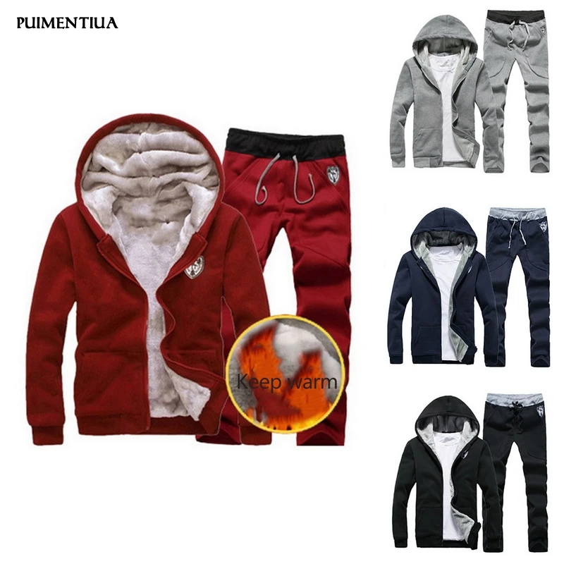 

Puimentiua 2019 Winter Thick Men Sport Suits Tracksuit Sportswear Zipper Fleece Hooded Jackets+Elastic Waist Pants Casual Set