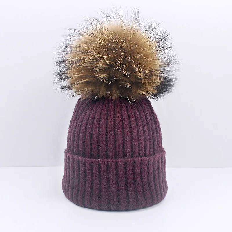 Женская шапка с помпоном, шапка осень-зима, настоящий мех, помпон, помпон, кроше, мягкая, однотонная, черная, розовая, Серая шапка, шапка с помпоном - Цвет: M