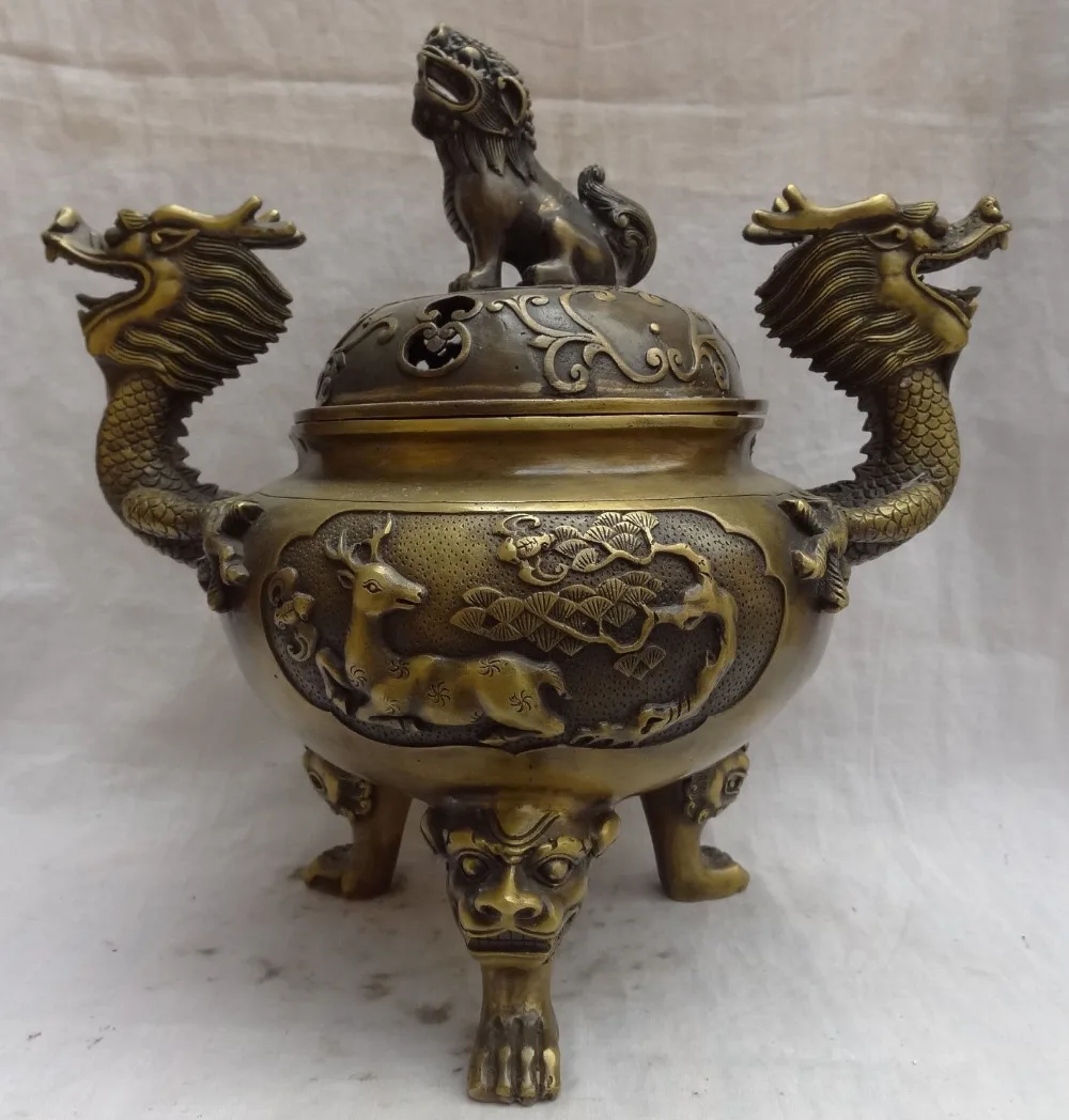 

xd 002083 12" Chinese Bronze Dragon Kylin Lion Deer Statue Buddhism Incense Burner Censer