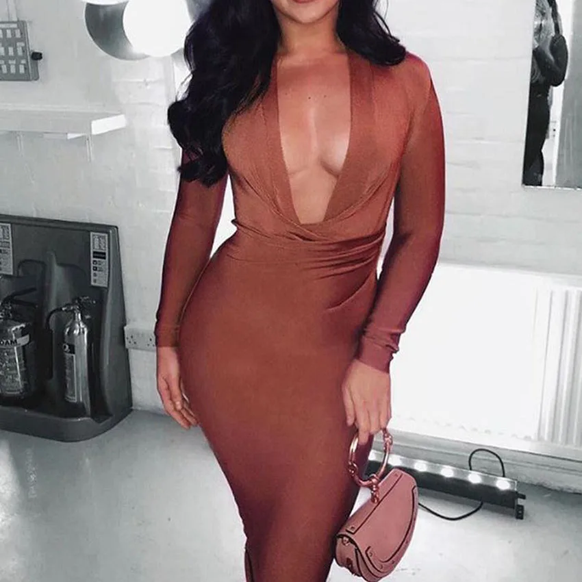 Новое сексуальное платье с длинным рукавом женское платье Глубокий V Bodycon Бандажное платье элегантное вечернее платье знаменитостей Vestidos