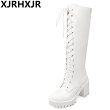 XJRHXJR/большие размеры; сапоги для боя на платформе и толстом высоком каблуке; модная обувь на платформе с круглым носком и боковой молнией; женская обувь белого цвета