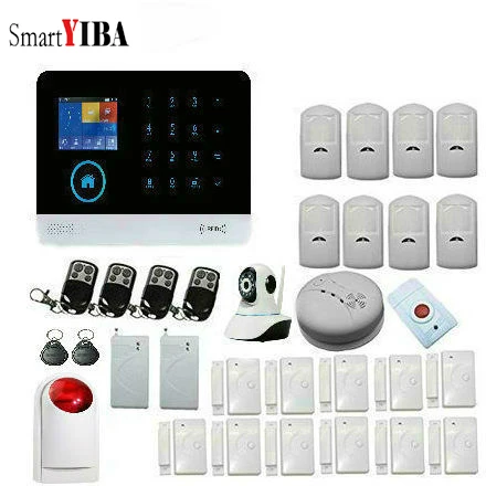 

SmartYIBA Wireless shock sensor Home security GSM SMS wireless Alarm system, IP Camera Touch keypad Smoke Fire Alert LCD PSTN