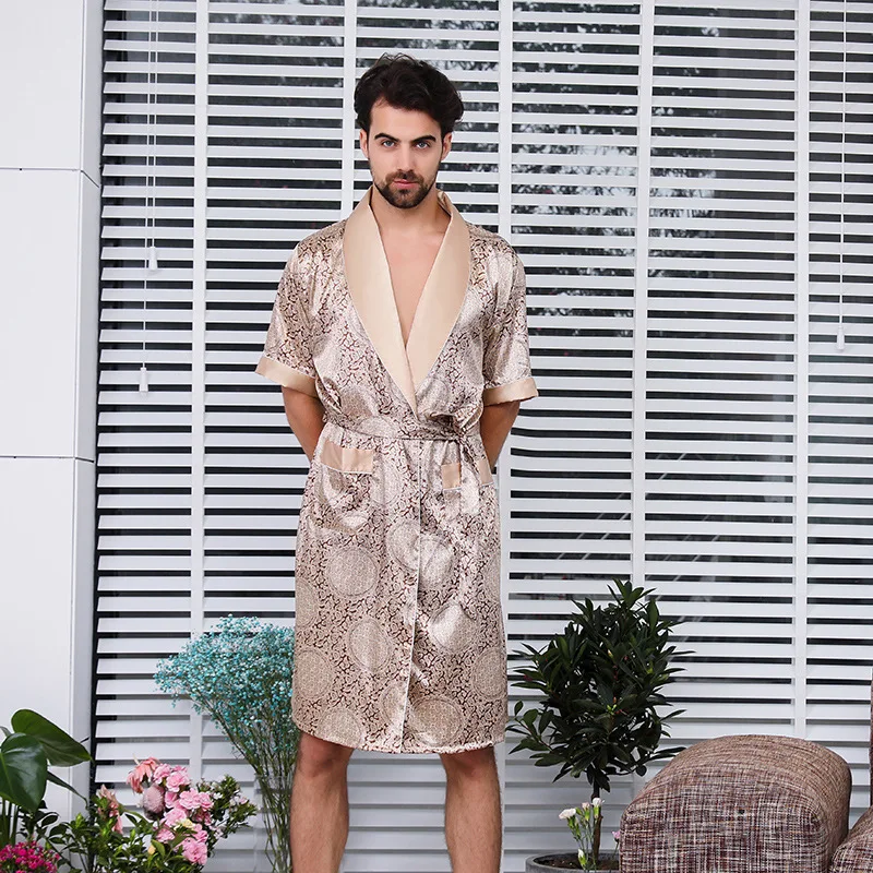 Men's Silk One piece Robe Summer Thin Short sleeved Bathrobe Bathrobe
