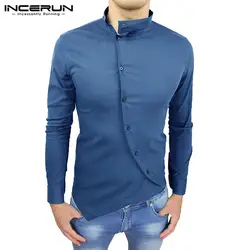 INCERUN 2019 Мужская рубашка с воротником-стойкой и длинными рукавами, необычная мода, сплошного цвета с кнопками, уличный стиль