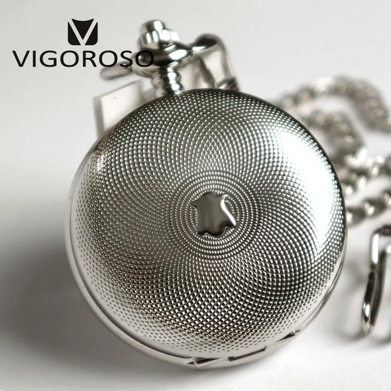 

VIGOROSO Silvery Tone Steel Double Hunter Mechanical Pocket Watch Hand-winding Skeleton Silver FOB Chain Clock Gifts Men Ladies