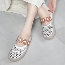 new slippers female summer fashion wear leather handmade antique flower soft bottom Baotou dragging women dragging