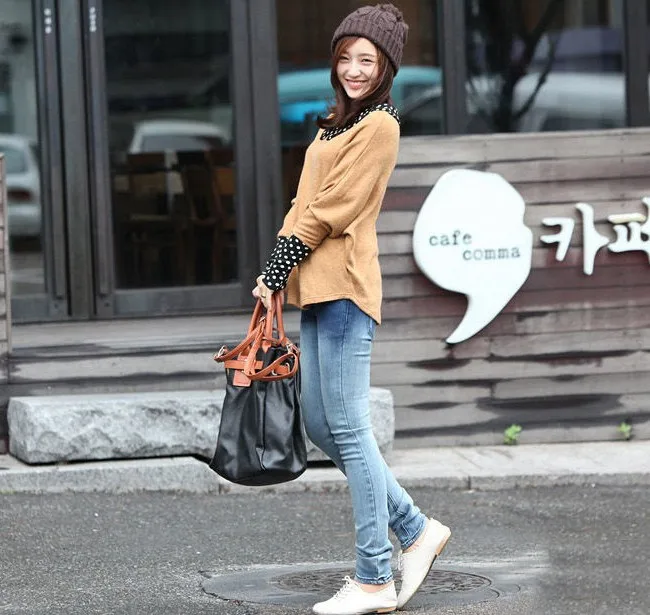 Batwing sleeve Dot peter pan collar cute sweater autumn thin pullover sweaters long sleeve patchwork new cute knitwear oversized Batwing sleeve Dot peter pan collar cute sweater autumn thin pullover sweaters long sleeve patchwork new cute knitwear oversized