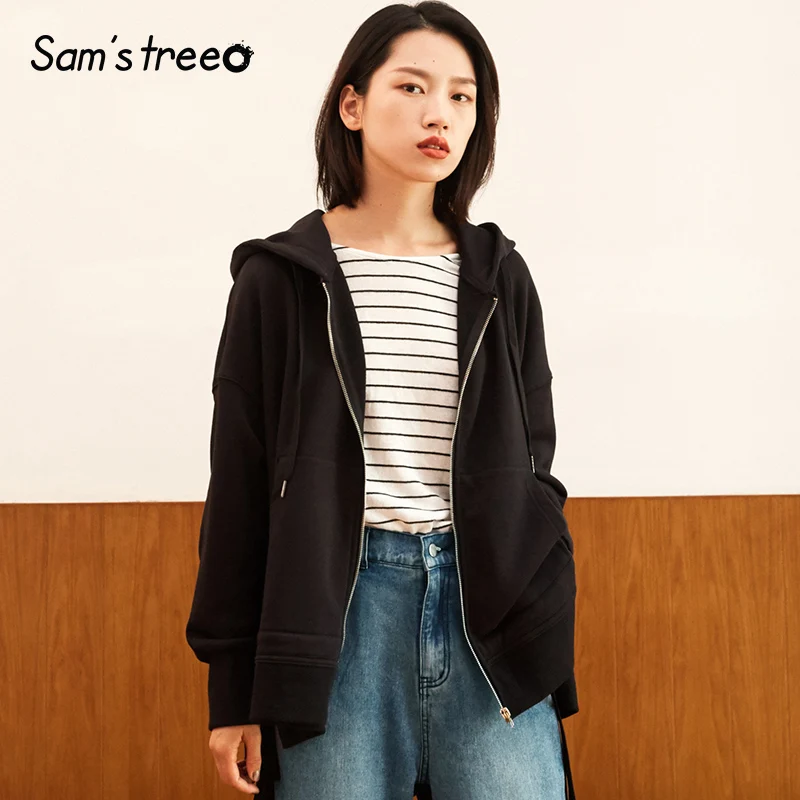 Samstree Women Zip-up Sweatshirt Drawstring Black Casual Autumn Short Coat Side Slit Female Loose Hoodies